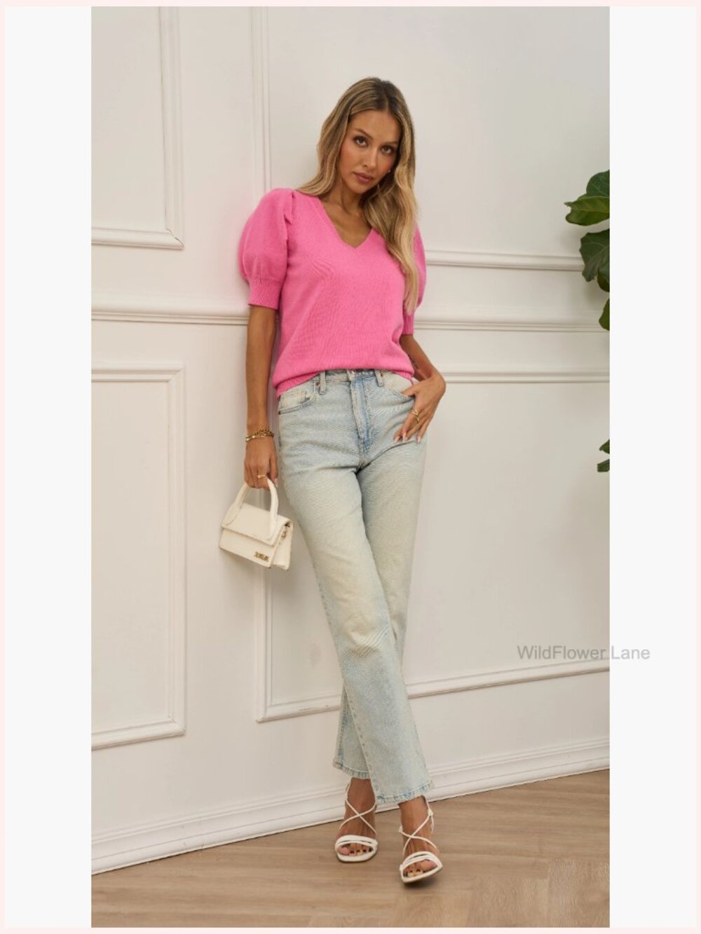 Short Sleeve Puff Sweater Top V-Neck Knit Pullover Blouse - Picture 6 of 7